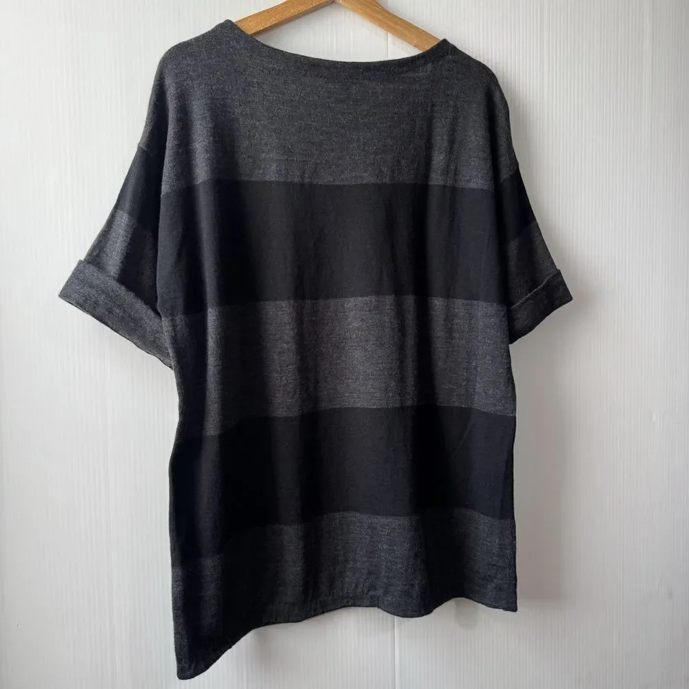 EILEEN FISHER 100% Merino Wool Italian Yarn Black Gray Sz L Sweater Top